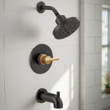 Click here to see Delta 144749-GZ Delta Nicoli Monitor 14 Series Tub And Shower, H2Okinetic, PowerDrench Spray, Touch-Clean, ADA, 1.75 GPM, Matte Black/Champagne Bronze - 144749-GZ