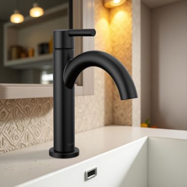 Click here to see Delta 15749LF-BL Delta Nicoli Bathroom Faucet, Single Handle, Deck Mount, ADA-Compliant, 1.2 GPM, Matte Black - 15749LF-BL