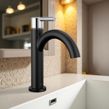 Click here to see Delta 15749LF-CS Delta Nicoli Bathroom Faucet, Single Handle, Deck Mount, ADA-Compliant, 1.2 GPM, Matte Black/Chrome - 15749LF-CS