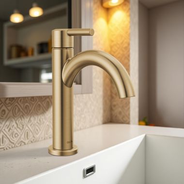 Click here to see Delta 15749LF-CZ Delta Nicoli Bathroom Faucet, Single Handle, Deck Mount, ADA-Compliant, 1.2 GPM, Champagne Bronze - 15749LF-CZ