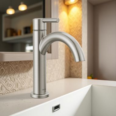 Click here to see Delta 15749LF-SS Delta Nicoli Bathroom Faucet, Single Handle, Deck Mount, ADA-Compliant, 1.2 GPM, Stainless - 15749LF-SS