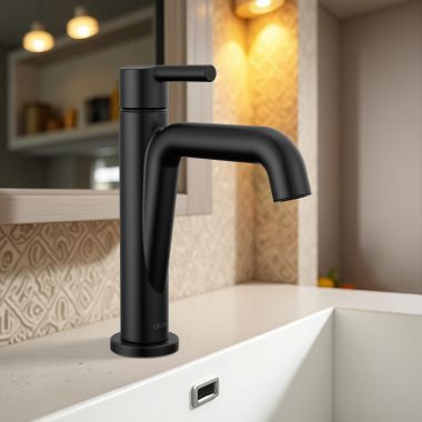 Click here to see Delta 15849LF-BL Delta Nicoli Bathroom Faucet, Single Handle, Deck Mount, ADA-Compliant, 1.2 GPM, Matte Black- 15849LF-BL