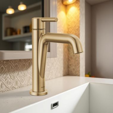 Click here to see Delta 15849LF-CZ Delta Nicoli Bathroom Faucet, Single Handle, Deck Mount, ADA-Compliant, 1.2 GPM, Champagne Bronze - 15849LF-CZ