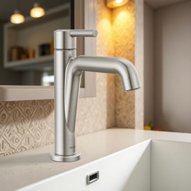 Click here to see Delta 15849LF-SS Delta Nicoli Bathroom Faucet, Single Handle, Deck Mount, ADA-Compliant, 1.2 GPM, Stainless - 15849LF-SS