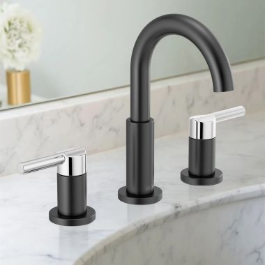 Click here to see Delta 35749LF-CS Delta Nicoli Two Handle Widespread Bathroom Faucet, 1.2 GPM, Matte Black/Chrome - 35749LF-CS
