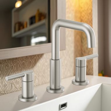 Click here to see Delta 35849LF-SS Delta Nicoli Widespread Bathroom Faucet, Two-Handle, Deck Mount, ADA-Compliant, 1.2 GPM, Stainless - 35849LF-SS
