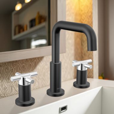 Click here to see Delta 35894LF-CS Delta Nicoli Widespread Bathroom Faucet, Cross-Handle, Deck Mount, ADA-Compliant, 1.2 GPM, Matte Black/Chrome - 35894LF-CS