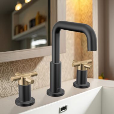 Click here to see Delta 35894LF-GZ Delta Nicoli Widespread Bathroom Faucet, Cross-Handle, Deck Mount, ADA-Compliant, 1.2 GPM, Matte Black/Champagne Bronze - 35894LF-GZ