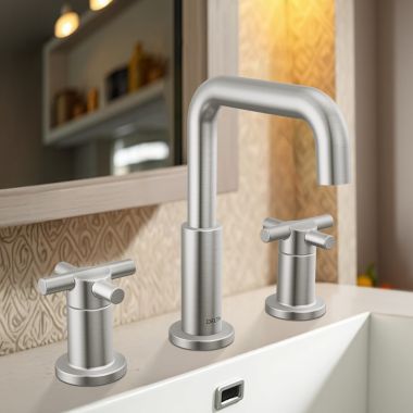 Click here to see Delta 35894LF-SS Delta Nicoli Widespread Bathroom Faucet, Cross-Handle, Deck Mount, ADA-Compliant, 1.2 GPM, Stainless - 35894LF-SS