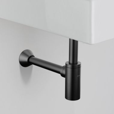 Click here to see Delta DT041141-BL Delta Bottle Trap With  Removable Cleanout Cover, Brass,  Matte Black - DT041141-BL