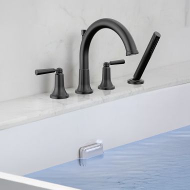 Click here to see Delta T4735-BL Delta Saylor Roman Tub Faucet Trim With 1.75 GPM Hand Shower, Low-Arc Spout, Two Lever Handles, ADA-Compliant, Matte Black - T4735-BL