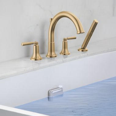 Click here to see Delta T4735-CZ Delta Saylor Roman Tub Faucet Trim With 1.75 GPM Hand Shower, Low-Arc Spout, Two Lever Handles, ADA-Compliant, Champagne Bronze - T4735-CZ