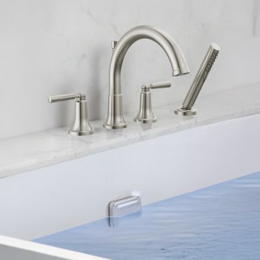 Click here to see Delta T4735-SS Delta Saylor Roman Tub Faucet Trim With 1.75 GPM Hand Shower, Low-Arc Spout, Two Lever Handles, ADA-Compliant, Stainless - T4735-SS