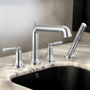Click here to see Delta T4736 Delta Saylor Roman Tub Faucet Trim With 1.75 GPM Hand Shower, Fixed Spout, Two Lever Handles, ADA-Compliant, Chrome - T4736