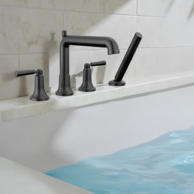 Click here to see Delta T4736-BL Delta Saylor Roman Tub Faucet Trim With 1.75 GPM Hand Shower, Fixed Spout, Two Lever Handles, ADA-Compliant, Matte Black -  T4736-BL