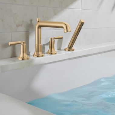 Click here to see Delta T4736-CZ Delta Saylor Roman Tub Faucet Trim With 1.75 GPM Hand Shower, Fixed Spout, Two Lever Handles, ADA-Compliant, Champagne Bronze - T4736-CZ