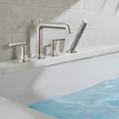 Click here to see Delta T4736-SS Delta Saylor Roman Tub Faucet Trim With 1.75 GPM Hand Shower, Fixed Spout, Two Lever Handles, ADA-Compliant, Stainless - T4736-SS