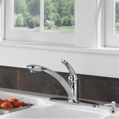 Click here to see Delta 470-PROMO-DST Delta Signature Single Handle Pull-Out Kitchen Faucet With Soap Holder, Chrome - 470-PROMO-DST