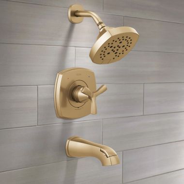 Click here to see Delta T144766-CZ-PR Delta Stryke Monitor 14 Series Tub and Shower, Touch-Clean, H2Okinetic PowerDrench, 1.75 GPM, Lumicoat Champagne Bronze - T144766-CZ-PR