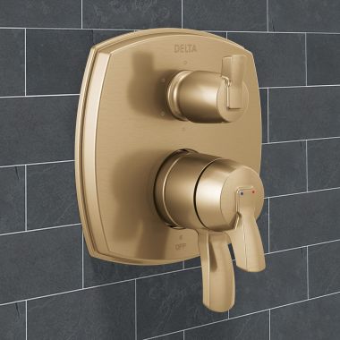 Click here to see Delta T27976-CZ-PR-LHP Delta Stryke Monitor 17 Series Integrated Diverter Valve Trim With Six Function (Less Handle), MultiChoice, Lumicoat Champagne Bronze - T27976-CZ-PR-LHP