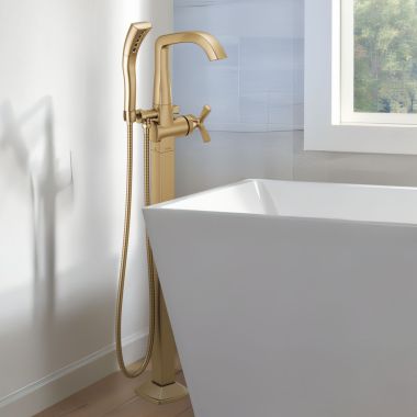 Click here to see Delta T47766-CZ-PR-FL Delta Stryke Floor Mount Tub Filler Trim, 1.75 GPM H2Okinetic Hand Shower, Lumicoat Champagne Bronze - T47766-CZ-PR-FL