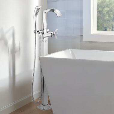 Click here to see Delta T47766-PR-FL Delta Stryke Floor Mount Tub Filler Trim, 1.75 GPM H2Okinetic Hand Shower, Lumicoat Chrome - T47766-PR-FL