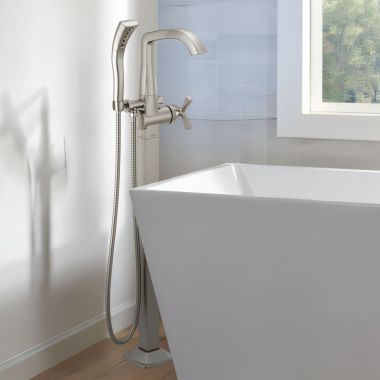 Click here to see Delta T47766-SS-PR-FL Delta Stryke Floor Mount Tub Filler Trim, 1.75 GPM H2Okinetic Hand Shower, Lumicoat Stainless - T47766-SS-PR-FL