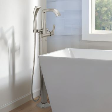 Click here to see Delta T4776-SS-PR-FL Delta Stryke Floor Mount Tub Filler Trim, 1.75 GPM H2Okinetic Hand Shower, ADA, Lumicoat Stainless - T4776-SS-PR-FL