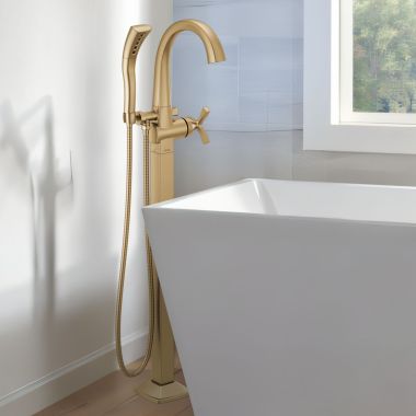 Click here to see Delta T47776-CZ-PR-FL Delta Stryke Floor Mount Tub Filler Trim, H2Okinetic, 1.75 GPM Hand Shower, Lumicoat Champagne Bronze - T47776-CZ-PR-FL