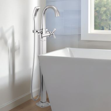 Click here to see Delta T47776-PR-FL Delta Stryke Floor Mount Tub Filler Trim, H2Okinetic, 1.75 GPM Hand Shower, Lumicoat Chrome - T47776-PR-FL