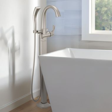 Click here to see Delta T4777-SS-PR-FL Delta Stryke Floor Mount Tub Filler Trim, Single Lever Handle, H2Okinetic, 1.75 GPM Hand Shower, Lumicoat Stainless - T4777-SS-PR-FL