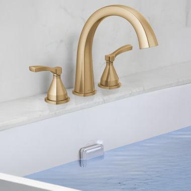 Click here to see Delta T2777-CZ-PR Delta Stryke Two-Handle Roman Tub Faucet Trim, High Arc Spout, Lever Handles, Lumicoat Champagne Bronze - T2777-CZ-PR