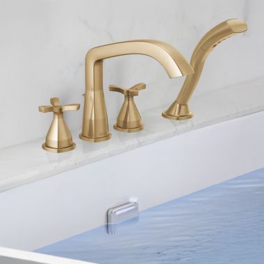 Click here to see Delta T47766-CZ-PR Delta Stryke Two-Handle Roman Tub Faucet Trim With 1.75 GPM Hand Shower, Rigid Spout, Lumicoat Champagne Bronze - T47766-CZ-PR