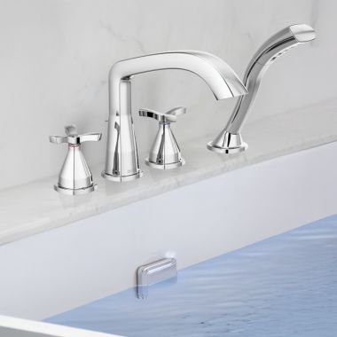 Click here to see Delta T47766-PR Delta Stryke Two-Handle Roman Tub Faucet Trim With 1.75 GPM Hand Shower, Rigid Spout, Lumicoat Chrome - T47766-PR