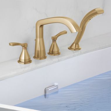 Click here to see Delta T4776-CZ-PR Delta Stryke Roman Tub Trim with H2Okinetic Hand Shower, Rigid Spout, ADA, 1.75 GPM, Lumicoat Champagne Bronze - T4776-CZ-PR