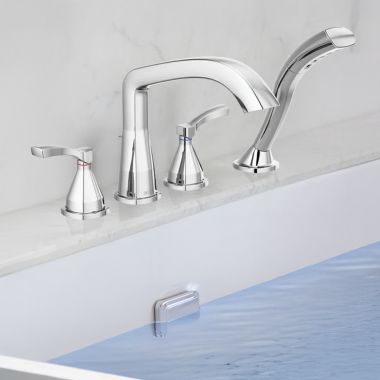 Click here to see Delta T4776-PR Delta Stryke Roman Tub Trim with H2Okinetic Hand Shower, Rigid Spout, ADA, 1.75 GPM, Lumicoat Chrome - T4776-PR