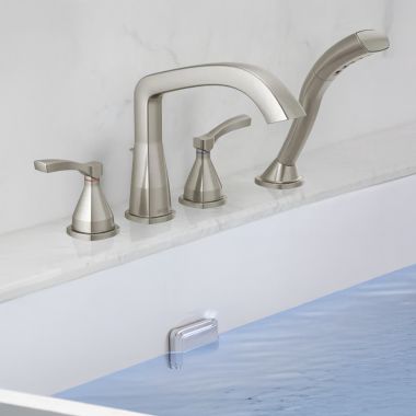 Click here to see Delta T4776-SS-PR Delta Stryke Roman Tub Trim with H2Okinetic Hand Shower, Rigid Spout, ADA, 1.75 GPM, Lumicoat Stainless - T4776-SS-PR