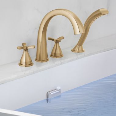 Click here to see Delta T47776-CZ-PR Delta Stryke Roman Tub Trim with H2Okinetic Hand Shower, Rigid Spout, 1.75 GPM, Lumicoat Champagne Bronze - T47776-CZ-PR