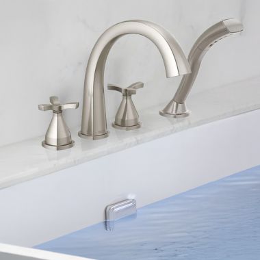 Click here to see Delta T47776-SS-PR Delta Stryke Roman Tub Trim with H2Okinetic Hand Shower, Rigid Spout, 1.75 GPM, Lumicoat Stainless - T47776-SS-PR