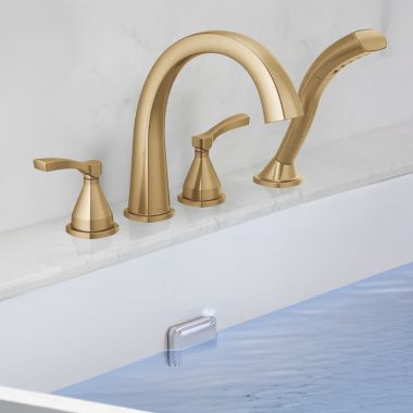 Click here to see Delta T4777-CZ-PR Delta Stryke Roman Tub Trim with H2Okinetic Hand Shower, Lever Handle, Rigid Spout, 1.75 GPM, Lumicoat Champagne Bronze - T4777-CZ-PR