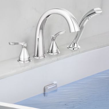 Click here to see Delta T4777-PR Delta Stryke Roman Tub Trim with H2Okinetic Hand Shower, Lever Handle, Rigid Spout, 1.75 GPM, Lumicoat Chrome - T4777-PR