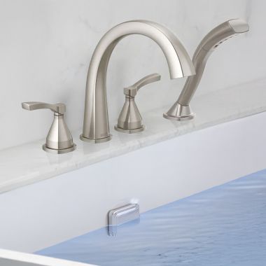 Click here to see Delta T4777-SS-PR Delta Stryke Roman Tub Trim with H2Okinetic Hand Shower, Lever Handle, Rigid Spout, 1.75 GPM, Lumicoat Stainless - T4777-SS-PR
