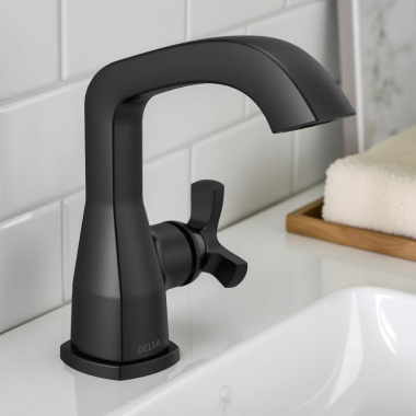 Click here to see Delta 5766-BLLPU-DST Delta Stryke Bathroom Faucet, Single Handle, Rigid Spout, DIAMOND Seal, 1.2 GPM, Matte Black (Less Pop-Up) - 5766-BLLPU-DST