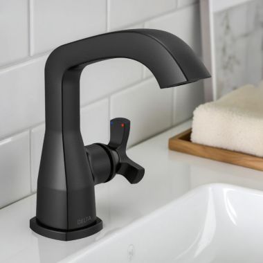 Click here to see Delta 5766-BLMPU-DST Delta Stryke Bathroom Faucet With Metal Push Pop-Up Drain, Single Handle, Rigid Spout, DIAMOND Seal, 1.2 GPM, Matte Black - 5766-BLMPU-DST