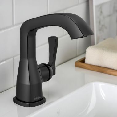 Click here to see Delta 576-BLMPU-DST Delta Stryke Bathroom Faucet With Metal Push Pop-Up Drain, Single Handle, DIAMOND Seal, ADA, 1.2 GPM, Matte Black - 576-BLMPU-DST