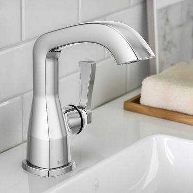 Click here to see Delta 576-PR-MPU-DST Delta Stryke Bathroom Faucet With Metal Push Pop-Up Drain, Single Handle, DIAMOND Seal, ADA, 1.2 GPM, Lumicoat Chrome - 576-PR-MPU-DST