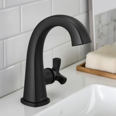 Click here to see Delta 5776-BLMPU-DST Delta Stryke Single Handle Deck Mounted Bathroom Faucet With Drain, Helo Spoke, 1.2 GPM, Matte Black - 5776-BLMPU-DST