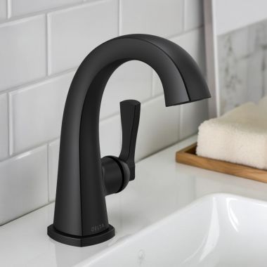 Click here to see Delta 577-BLMPU-DST Delta Stryke Single Handle Deck Mounted Bathroom Faucet With Drain, Lever, 1.2 GPM, Matte Black - 577-BLMPU-DST