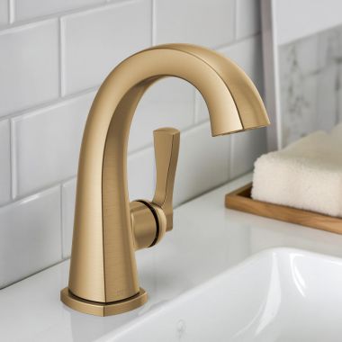 Click here to see Delta 577-CZ-PR-MPU-DST Delta Stryke Single Handle Deck Mounted Bathroom Faucet With Drain, Lever, 1.2 GPM, Lumicoat Champagne Bronze - 577-CZ-PR-MPU-DST