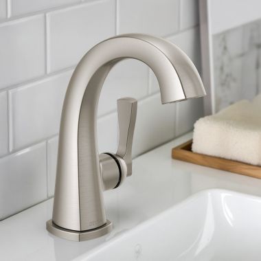 Click here to see Delta 577-SS-PR-MPU-DST Delta Stryke Single Handle Deck Mounted Bathroom Faucet With Drain, Lever, 1.2 GPM, Lumicoat Stainless - 577-SS-PR-MPU-DST